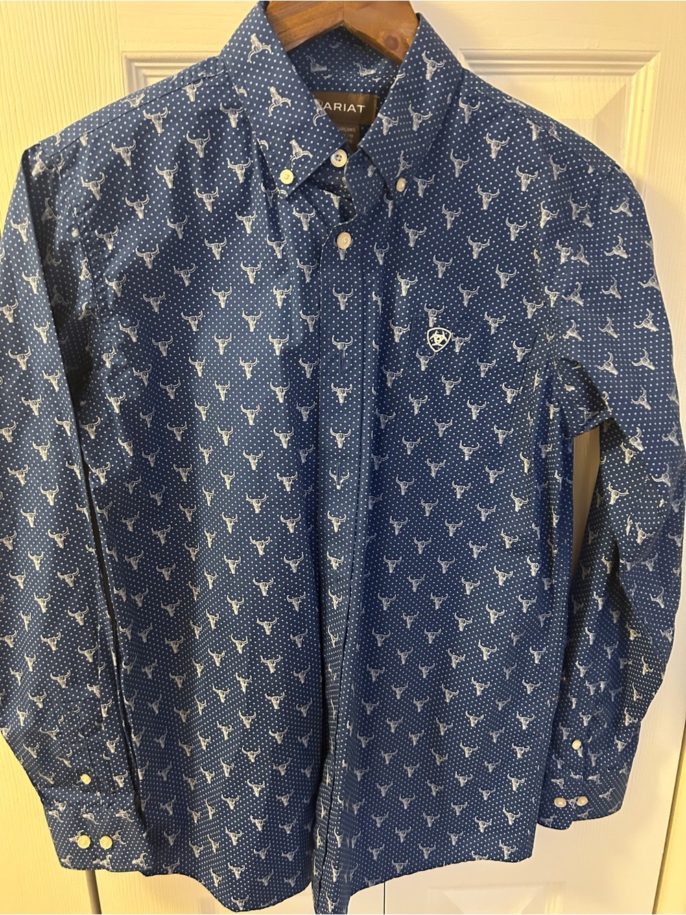 Ariat Blue Button-Down Shirt with White Bull Print